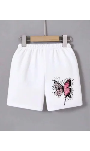 Kadın Beli Lastikli Baskılı Mini Şort - Beyaz