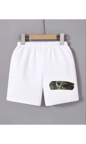 Kadın Beli Lastikli Baskılı Mini Şort - Beyaz