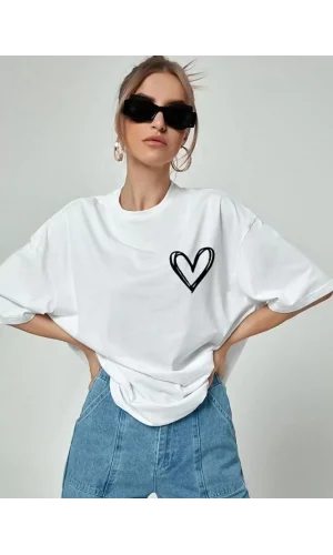 Kadın Bisiklet Yaka Baskılı Oversize T-Shirt - Beyaz