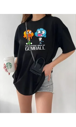 Kadın Bisiklet Yaka Baskılı Oversize T-Shirt - Siyah