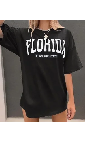 Kadın Bisiklet Yaka Baskılı T-shirt - Siyah