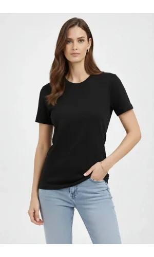 Kadın Bisiklet Yaka Tişört Regular Kalıp Basic Pamuklu Günlük Kullanım T-shirt - Siyah
