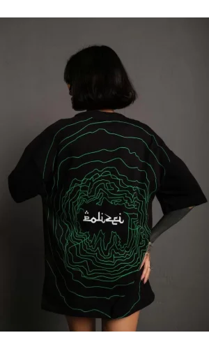 Kadın Bisiklet Yakalı Sırt Baskılı Oversize T-Shirt - Siyah