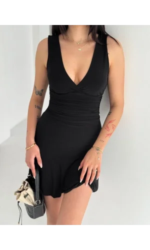Kadın Derin V Yaka Sırt Dekolteli Mini Elbise Drapeli Şık Kolsuz - Siyah
