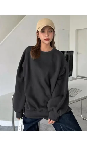 Kadın Düz Bisiklet Yaka Sweat - Siyah