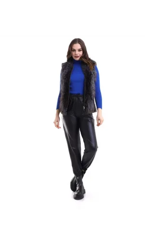 Kadın Fermuarlı Koyun Derisi Tilki Kürkü - Siyah