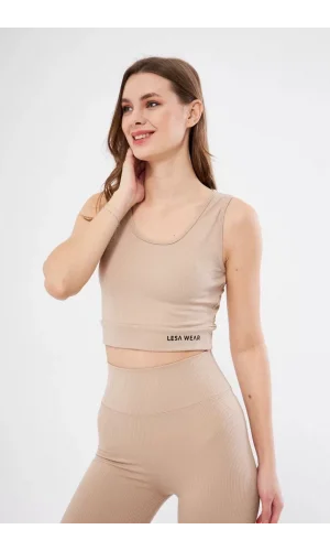 Kadın Fitilli Baskılı Crop - Bej