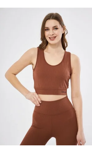 Kadın Fitilli Baskılı Crop - Kahve