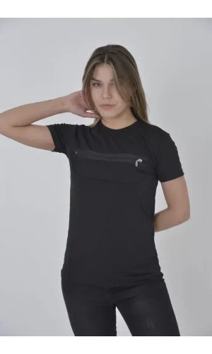 Kadın Göğüste Fermuar Aksesuarlı Dar Kalıp T-Shirt - Siyah