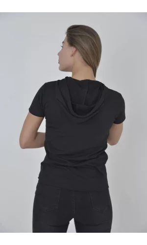 Kadın Kapşonlu Slim Fit T-shirt - Siyah