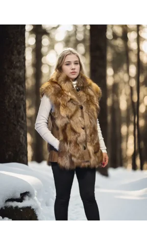 Kadın Kolsuz Hakiki Deri Kürk - Kahve