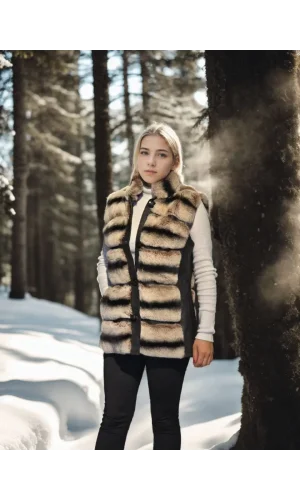 Kadın Kolsuz Hakiki Deri Kürk - Siyah