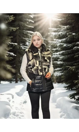 Kadın Kolsuz Hakiki Deri Kürk - Siyah