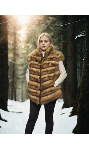 Kadın Kolsuz Hakiki Kürk - Kahve