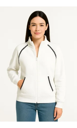 Kadın Oversize Dik Yaka Fermuarlı Sweatshirt - Zincir Nakışli Kanguru Cepli, - Beyaz