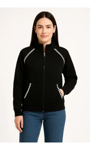 Kadın Oversize Dik Yaka Fermuarlı Sweatshirt - Zincir Nakışli Kanguru Cepli, - Siyah