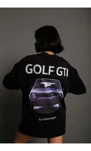 Kadın Oversize Tişört Golf GTI Retro Araba Baskılı T-shirt - Siyah