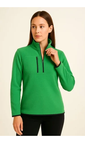 Kadın Polar Kazak – Dik Yaka, Yarım Fermuarlı, Fermuarlı Göğüs Cepli, Siyah Biyeli, Kışlık Rahat Regular Fit Günlük Model - Yeşil