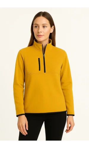 Kadın Polar Kazak – Dik Yaka, Yarım Fermuarlı, Fermuarlı Göğüs Cepli, Siyah Biyeli, Kışlık Rahat Regular Fit Günlük Model - Sarı