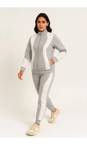 Kadın Premium Parçalı Eşofman Takım - Dik Yaka Fermuarlı Sweatshirt - Gri