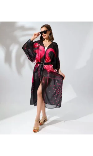 Kadın Rahat Kesim Şifon Kimono - Siyah