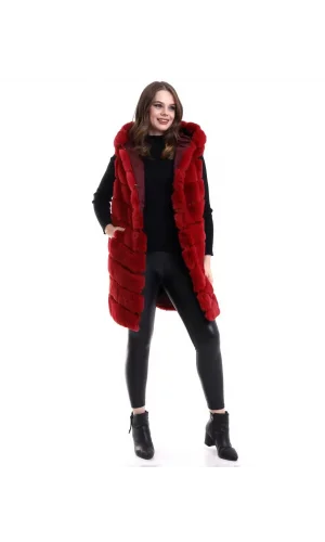 Kadın Reks Kapüşonlu Yelek - Kırmızı