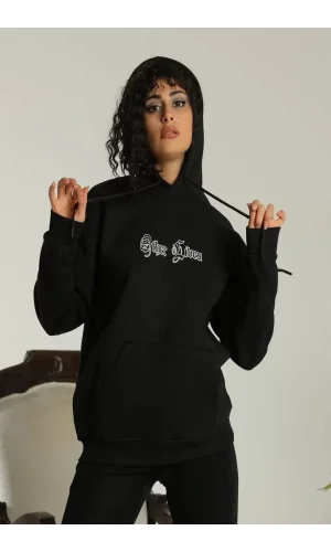 Kadın Sırt Baskılı Oversize Üç İplik Kapüşonlu Sweatshirt - Siyah