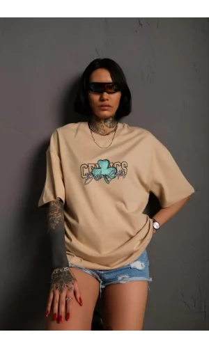 Kadın Sırt Baskılı T-shirt - Bej