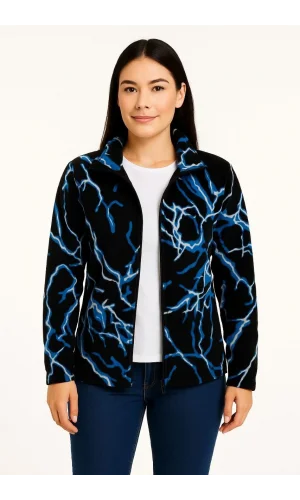 Kadın Tam Fermuarlı Desenli Polar Sweat Lightning Desen Yakalı, Uzun Kollu, Oversize Rahat Kalıp - Siyah