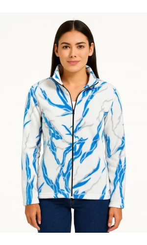 Kadın Tam Fermuarlı Desenli Polar Sweat Lightning Desen Yakalı, Uzun Kollu, Oversize Rahat Kalıp - Beyaz