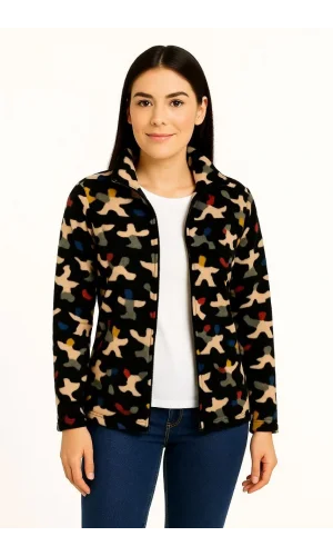 Kadın Tam Fermuarlı Desenli Polar Sweat – Siyah Multicolor Figür Desen Yakalı, Uzun Kollu, Oversize Rahat Kalıp - Siyah