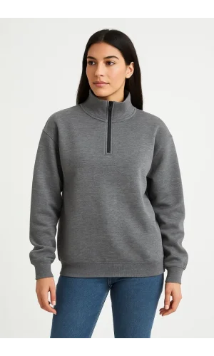 Kadın Üç İplik Dık Yaka Yarım Fermuarlı SweatShirt - Antrasit