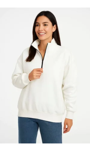Kadın Üç İplik Dık Yaka Yarım Fermuarlı SweatShirt - Beyaz
