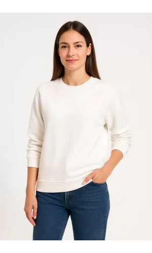 Kadın Üç İplik Düz Bisiklet Yaka SweatShirt - Beyaz