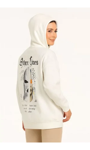 Kadın Üç İplik Kapşonlu ön ve Arka Baskılı SweatShirt hoodie- Beyaz