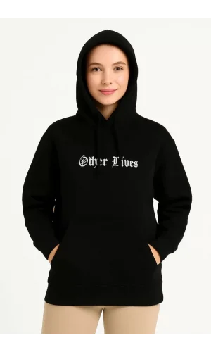 Kadın Üç İplik Kapşonlu ön ve Arka Baskılı SweatShirt hoodie- Siyah
