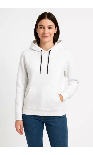 Kadın Üç İplik Kapüşonlu Kanguru Çepli SweatShirt hoodie - Beyaz