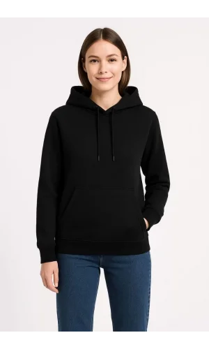 Kadın Üç İplik Kapüşonlu Kanguru Çepli SweatShirt hoodie - Siyah