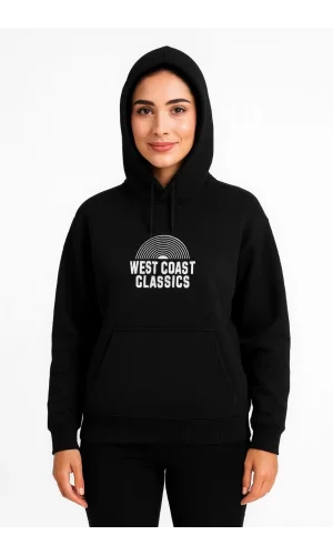 Kadın Üç İplik Kapüşonlu Ön ve Arka Baskılı SweatShirt hoodie - Siyah