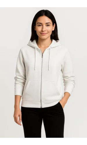 Kadın Üç İplik Kapüşonlu Tam Fermuarlı Kanguru Çepli SweatShirt Hoodie - Beyaz