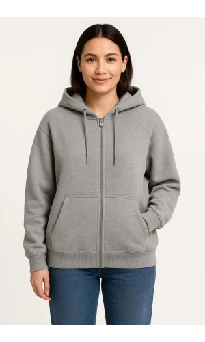 Kadın Üç İplik Kapüşonlu Tam Fermuarlı Kanguru Çepli SweatShirt Hoodie - Gri