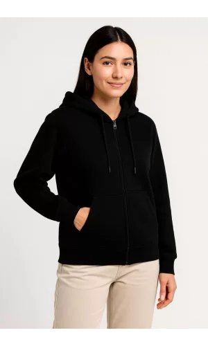 Kadın Üç İplik Kapüşonlu Tam Fermuarlı Kanguru Çepli SweatShirt Hoodie - Siyah