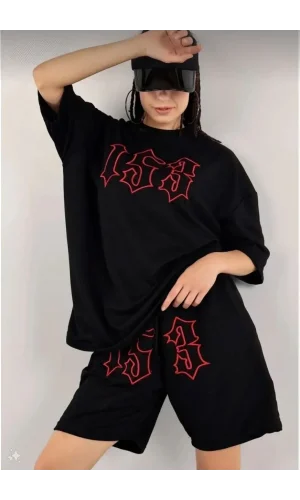 Kadın Unisex Nakış İşlemeli Şort Takım - Siyah