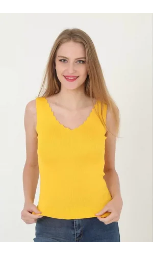Kadın V Yaka Fırfır Detay Crop - Sarı