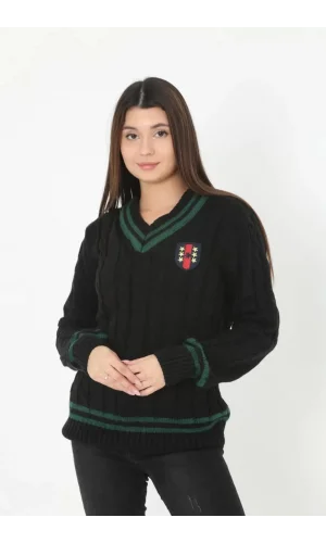 Kadın V Yaka Örgülü Kazak - Siyah