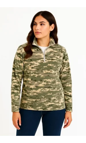 Kadın Yarım Fermuarlı Desenli Polar Sweat – Haki Kamuflaj Yakalı, Uzun Kollu, Oversize Rahat Kalıp - Haki