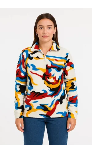 Kadın Yarım Fermuarlı Desenli Polar Sweat – Renkli Abstract Desen Yakalı, Uzun Kollu, Oversize Rahat Kalıp - Beyaz