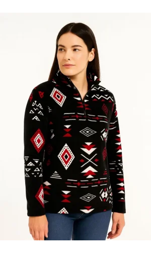 Kadın Yarım Fermuarlı Desenli Polar Sweat Tribal Etnik Desen Yakalı, Uzun Kollu, Oversize Rahat Kalıp - Siyah
