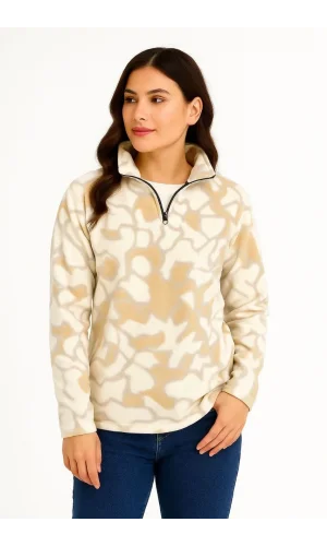 KADIN Yarım Fermuarlı Desenli Polar Sweat Yakalı, Uzun Kollu, Oversize Rahat Kalıp - Bej