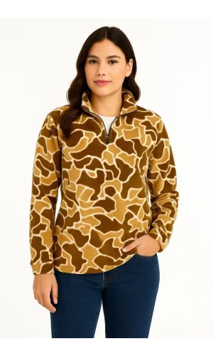 KADIN Yarım Fermuarlı Desenli Polar Sweat Yakalı, Uzun Kollu, Oversize Rahat Kalıp - Kahverengi